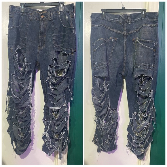 SOLD - APOCALYPSE Extremely Distressed Baggy 6 Pocket Denim Jeans D.I.Y - Picture 7 of 10